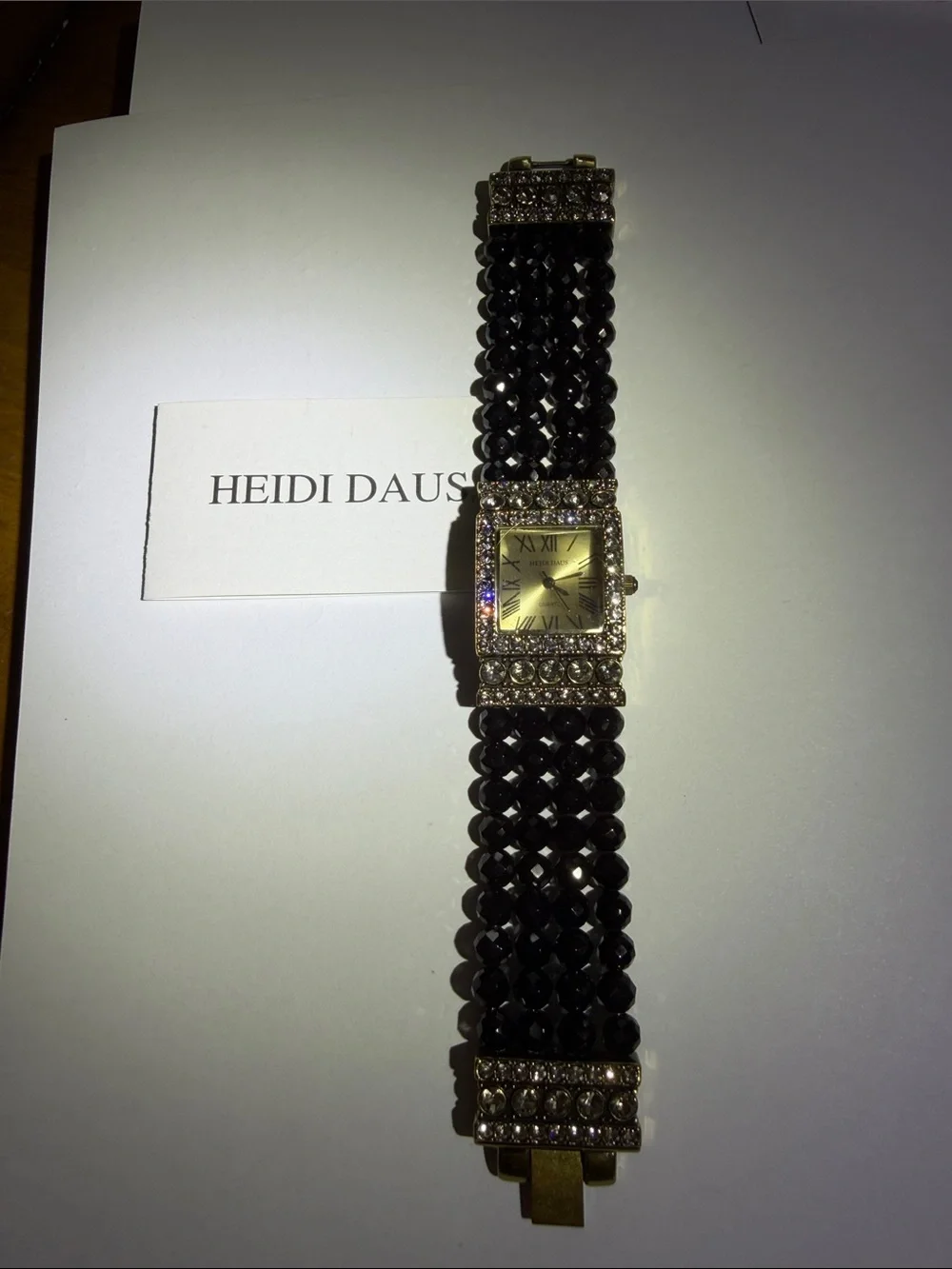 Vintage Heidi Daus Vintage Black Crystal Multi-Strand Bracelet Watch Gold Face